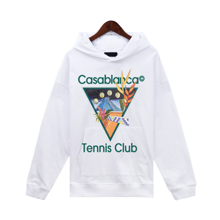 Különböző európai és amerikai divatmárkák férfi és női őszi-téli frottír pulóverei, őszi-téli Casablanca kapucnis pulóverek, laza mintával