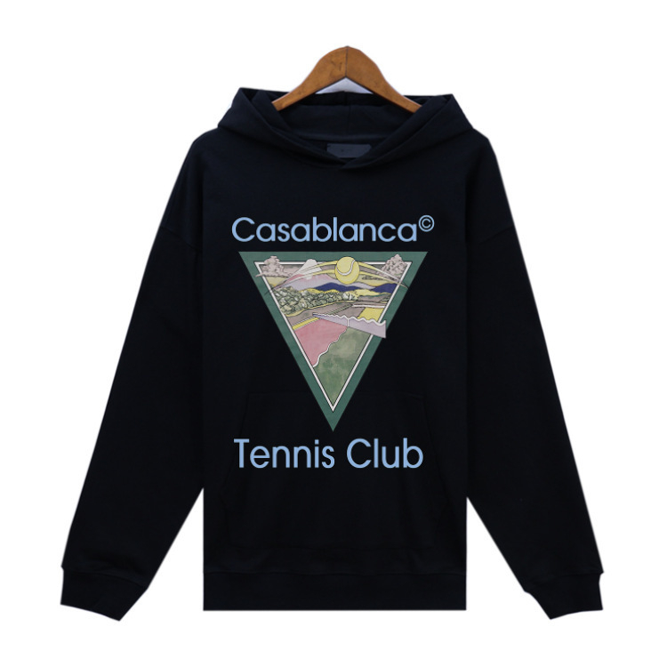 Különböző európai és amerikai divatmárkák férfi és női őszi-téli frottír pulóverei, őszi-téli Casablanca kapucnis pulóverek, laza mintával