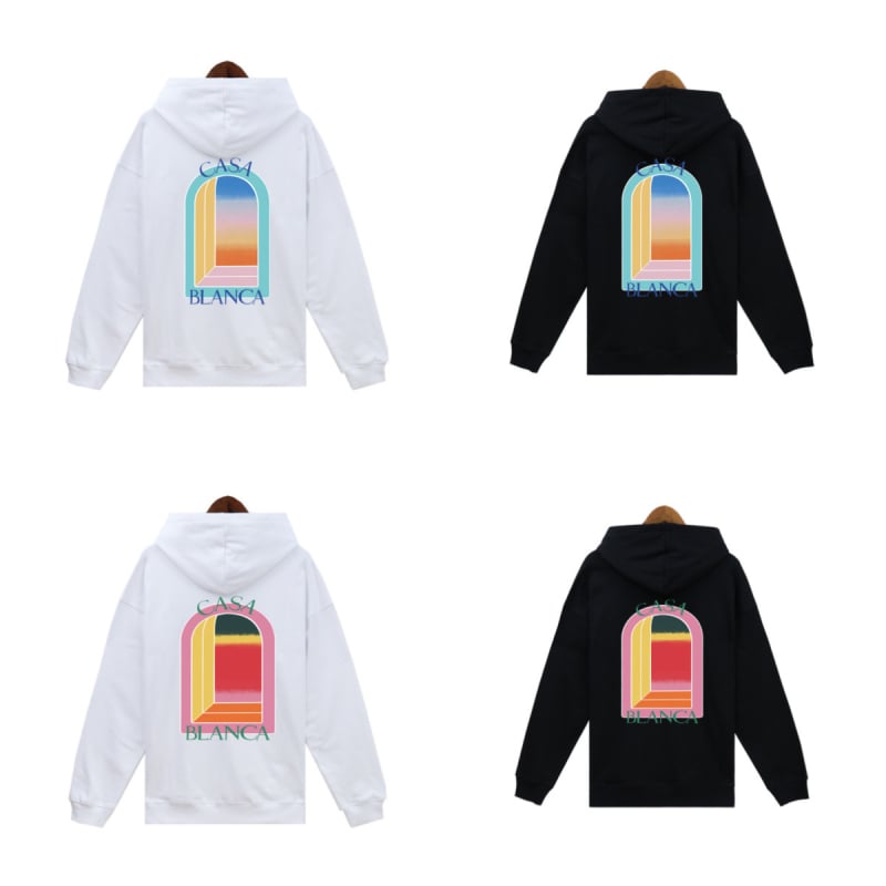 Különböző európai és amerikai divatmárkák férfi és női őszi-téli frottír pulóverei, őszi-téli Casablanca kapucnis pulóverek, laza mintával