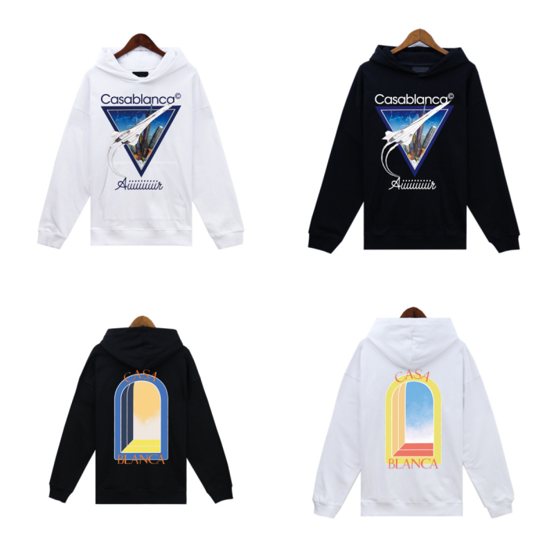 Különböző európai és amerikai divatmárkák férfi és női őszi-téli frottír pulóverei, őszi-téli Casablanca kapucnis pulóverek, laza mintával