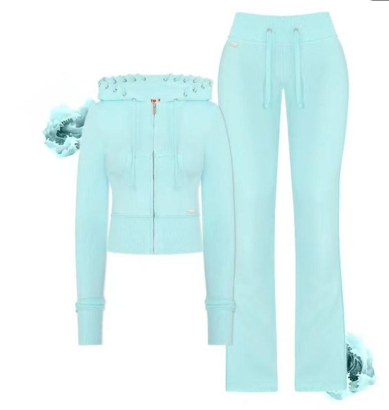 Európska a americká módna farebne blokovaná pásová patchworková rozšírená pletená mikina s priehľadným strihom, ležérne dlhé nohavice