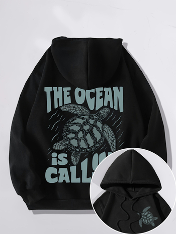 Hanorac cu șnur și imprimeu de broaște țestoase și litere, hanorac casual cu mânecă lungă și geantă de cangur pentru toamnă