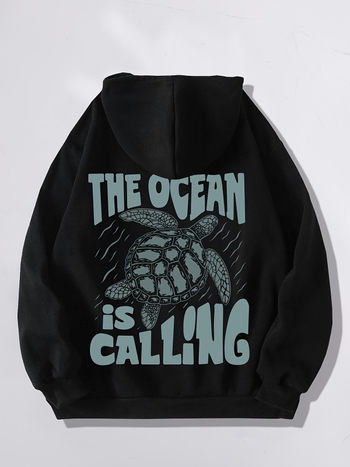 Hanorac cu șnur și imprimeu de broaște țestoase și litere, hanorac casual cu mânecă lungă și geantă de cangur pentru toamnă