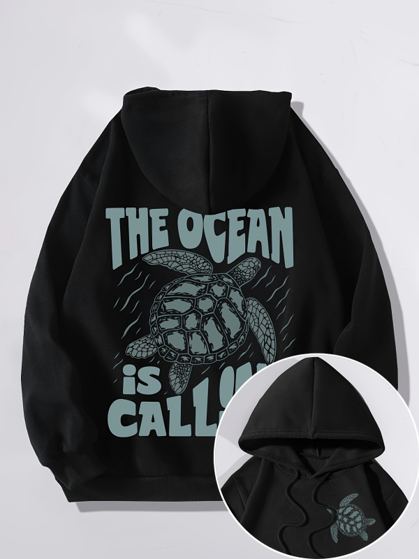 Mikina s potlačou korytnačky a písmen s šnúrkou, ležérna mikina s dlhým rukávom a klokaniej taškou na jeseň