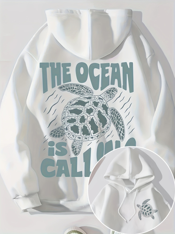 Hanorac cu șnur și imprimeu de broaște țestoase și litere, hanorac casual cu mânecă lungă și geantă de cangur pentru toamnă