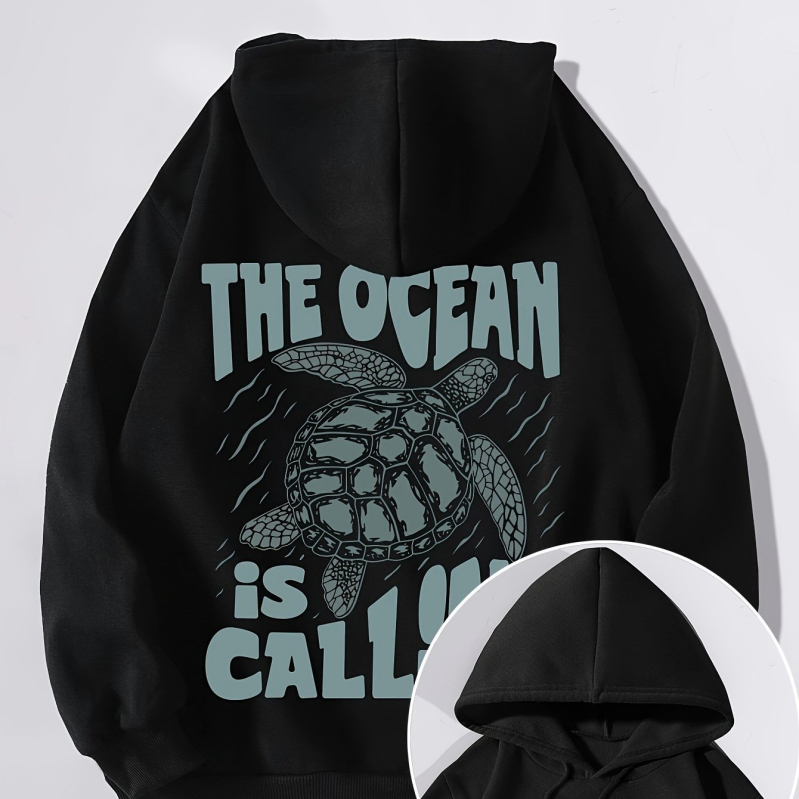 Hanorac cu șnur și imprimeu de broaște țestoase și litere, hanorac casual cu mânecă lungă și geantă de cangur pentru toamnă