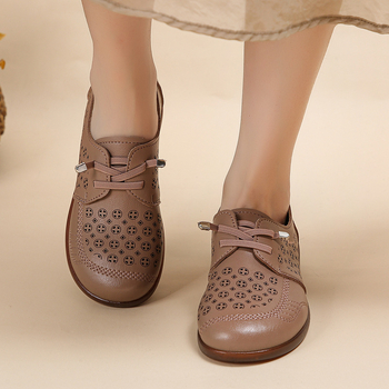 Nové topánky z roku 2025 s dutým otvorom, jednovrstvové, s okrúhlou špičkou, pohodlné, mäkké, ploché, priedušné, všestranné kožené topánky, pohodlné, pre matky, dámske topánky