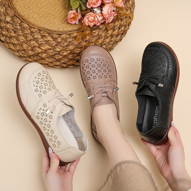 Nové topánky z roku 2025 s dutým otvorom, jednovrstvové, s okrúhlou špičkou, pohodlné, mäkké, ploché, priedušné, všestranné kožené topánky, pohodlné, pre matky, dámske topánky