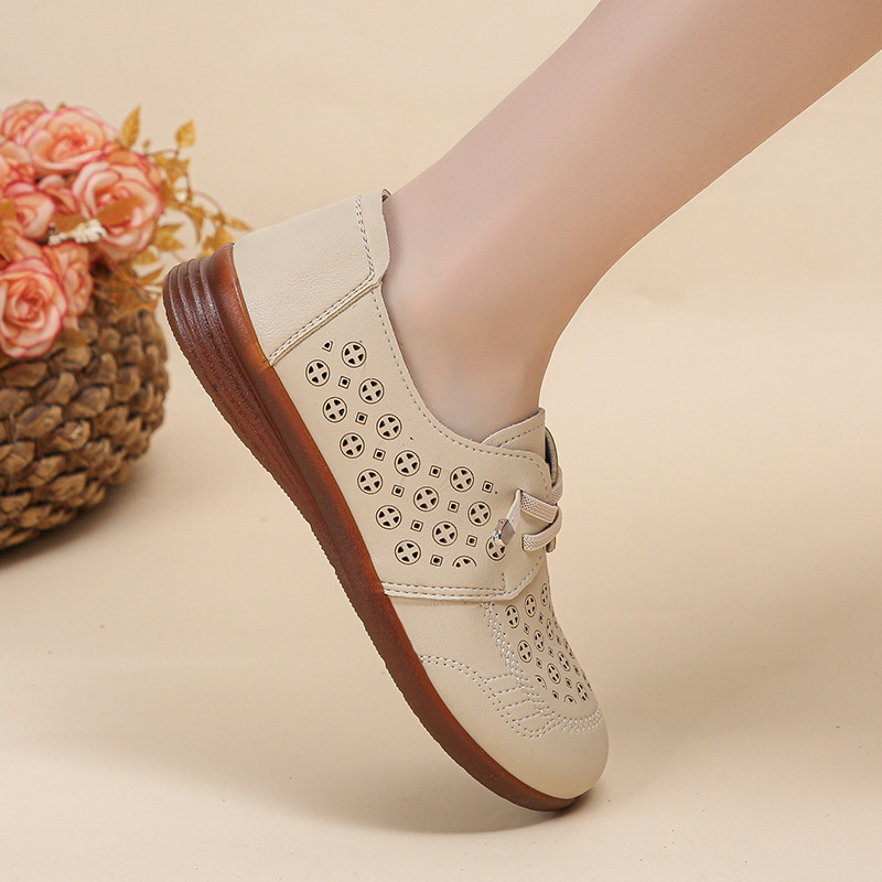 Nové topánky z roku 2025 s dutým otvorom, jednovrstvové, s okrúhlou špičkou, pohodlné, mäkké, ploché, priedušné, všestranné kožené topánky, pohodlné, pre matky, dámske topánky