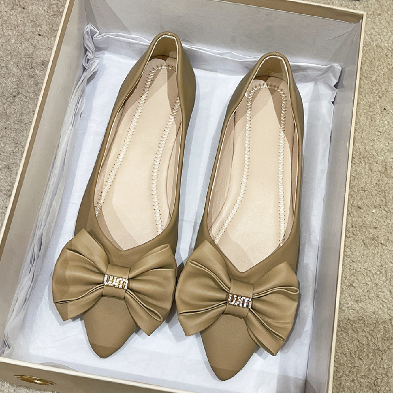 Pantofi cu un singur strat, cu vârf ascuțit, pentru femei, primăvara 2024, stil coreean nou, cu croială joasă, cu fundă, confortabili, slip-on, pantofi de mamă, en-gros