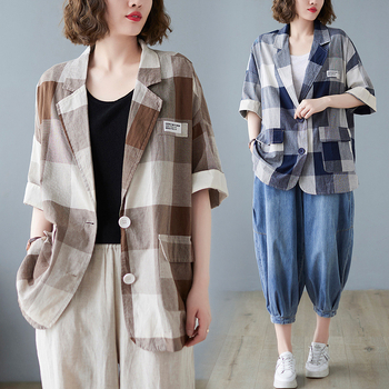 Vara 2021, costum nou pentru femei, stil coreean, mărime mare, cu contrast artistic, în carouri, subțire, jachetă pentru femei