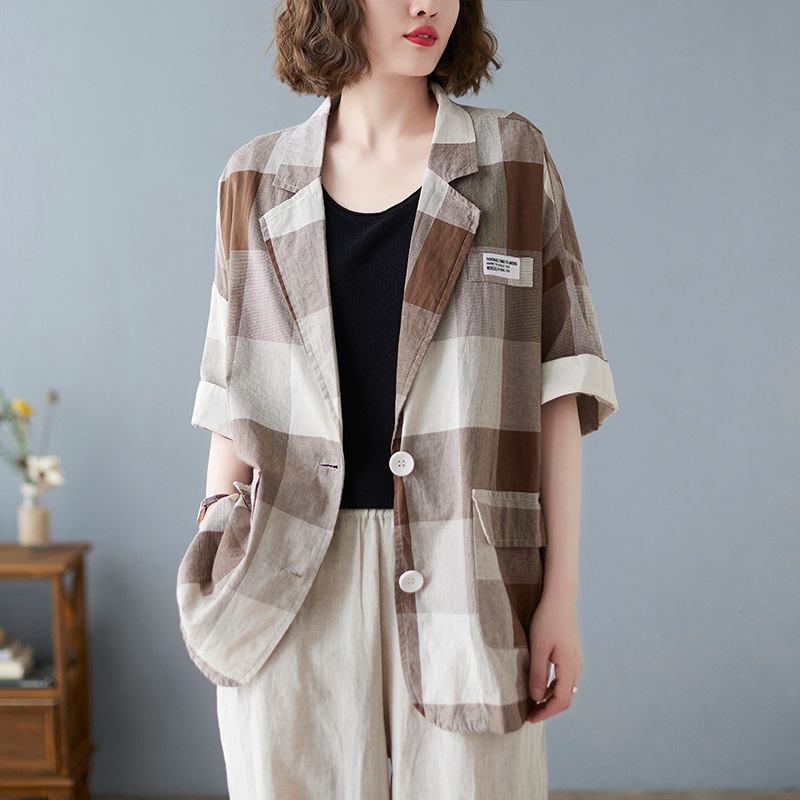 Vara 2021, costum nou pentru femei, stil coreean, mărime mare, cu contrast artistic, în carouri, subțire, jachetă pentru femei