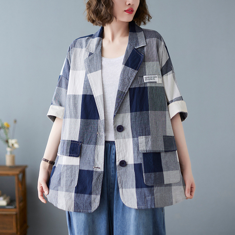 Vara 2021, costum nou pentru femei, stil coreean, mărime mare, cu contrast artistic, în carouri, subțire, jachetă pentru femei