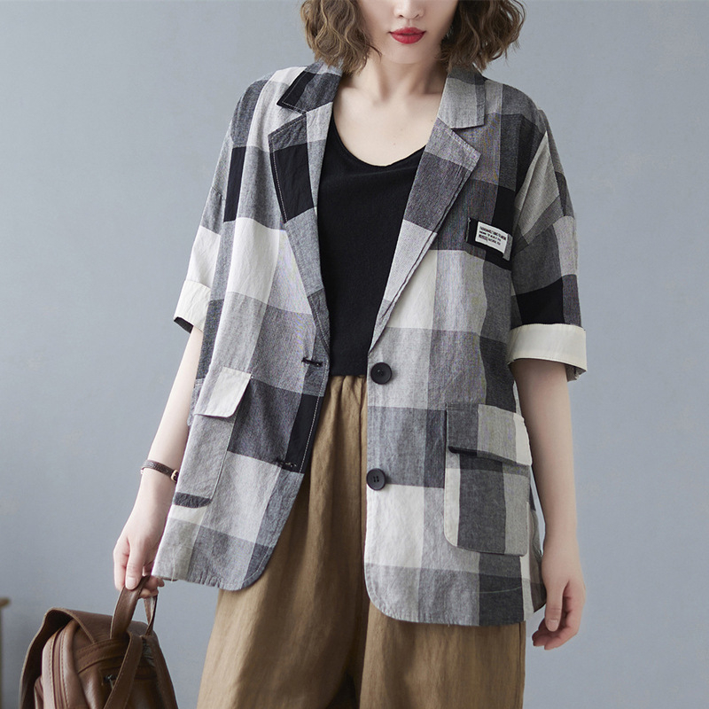 Vara 2021, costum nou pentru femei, stil coreean, mărime mare, cu contrast artistic, în carouri, subțire, jachetă pentru femei