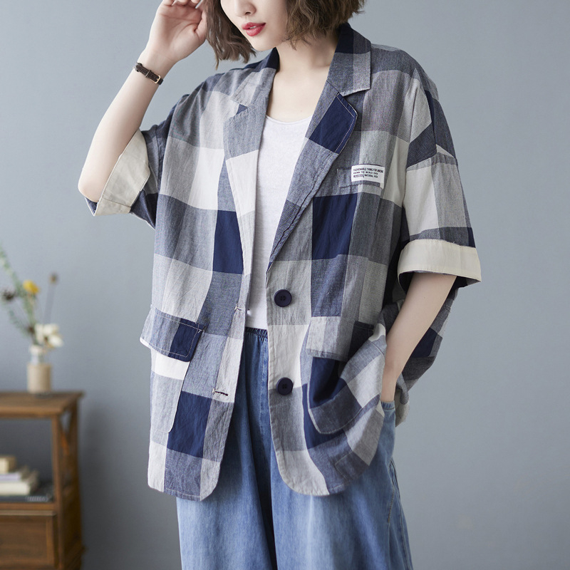 Vara 2021, costum nou pentru femei, stil coreean, mărime mare, cu contrast artistic, în carouri, subțire, jachetă pentru femei