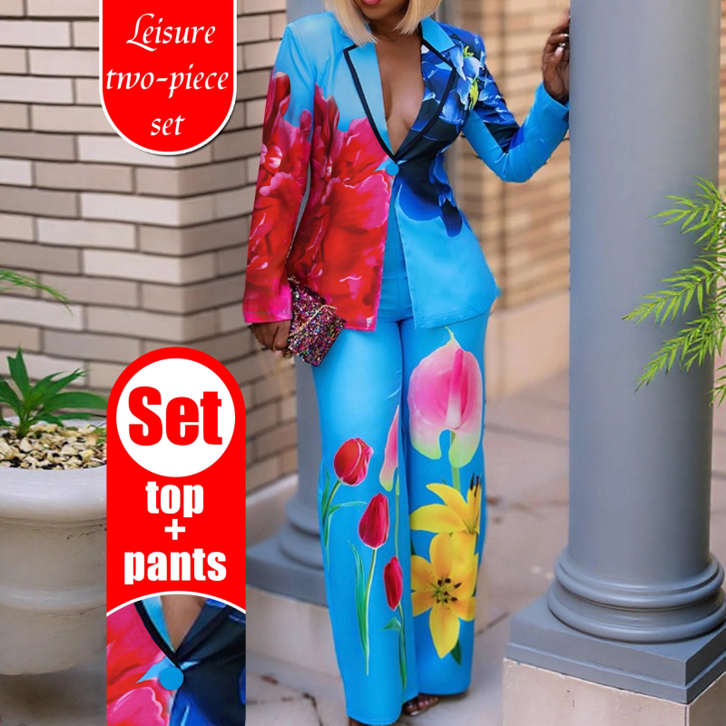 Dámske ležérne nohavice s výstrihom do V a jedným gombíkom, dvojdielna súprava, cezhraničná amazonská európska a americká jarná a jesenná súprava