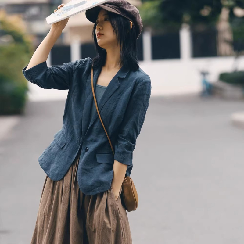 Jachetă de primăvară nouă pentru femei, din bumbac și in, cu mânecă subțire, plisată, cu șapte puncte, plus jachetă cool pentru femei