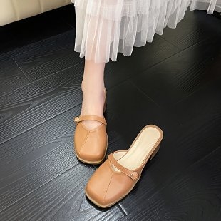 Papuci de damă cu toc gros, stil francez, Baotou, cu jumătate de pantofi, pentru exterior, primăvara și vara 2025, stil nou, fără slip-on, pantofi Mary Jane