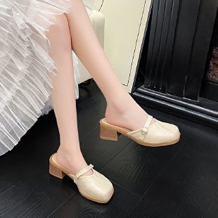 Papuci de damă cu toc gros, stil francez, Baotou, cu jumătate de pantofi, pentru exterior, primăvara și vara 2025, stil nou, fără slip-on, pantofi Mary Jane