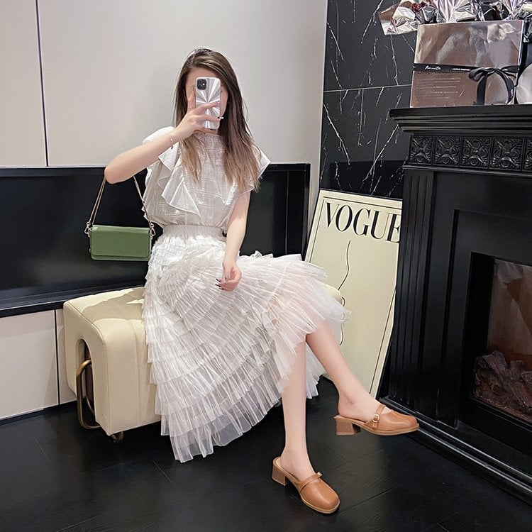 Papuci de damă cu toc gros, stil francez, Baotou, cu jumătate de pantofi, pentru exterior, primăvara și vara 2025, stil nou, fără slip-on, pantofi Mary Jane