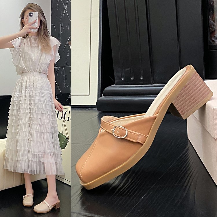 Papuci de damă cu toc gros, stil francez, Baotou, cu jumătate de pantofi, pentru exterior, primăvara și vara 2025, stil nou, fără slip-on, pantofi Mary Jane