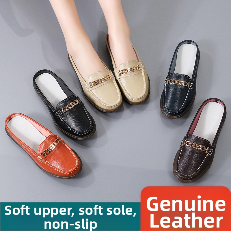 Mimoriadne veľké ležérne fazuľové topánky pre ženy, jarné a letné pohodlné ploché poltopánky, topánky z pravej kože pre tehotné ženy, sandále pre matky stredného a staršieho veku