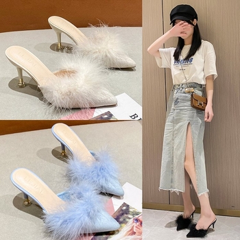 Papuci cu toc înalt și ascuțit, pantofi pentru femei, pantofi de exterior, cu jumătate de glisare, cu pene, dulci și elegante, pantofi la modă pentru patru anotimpuri, purtați în comerț exterior