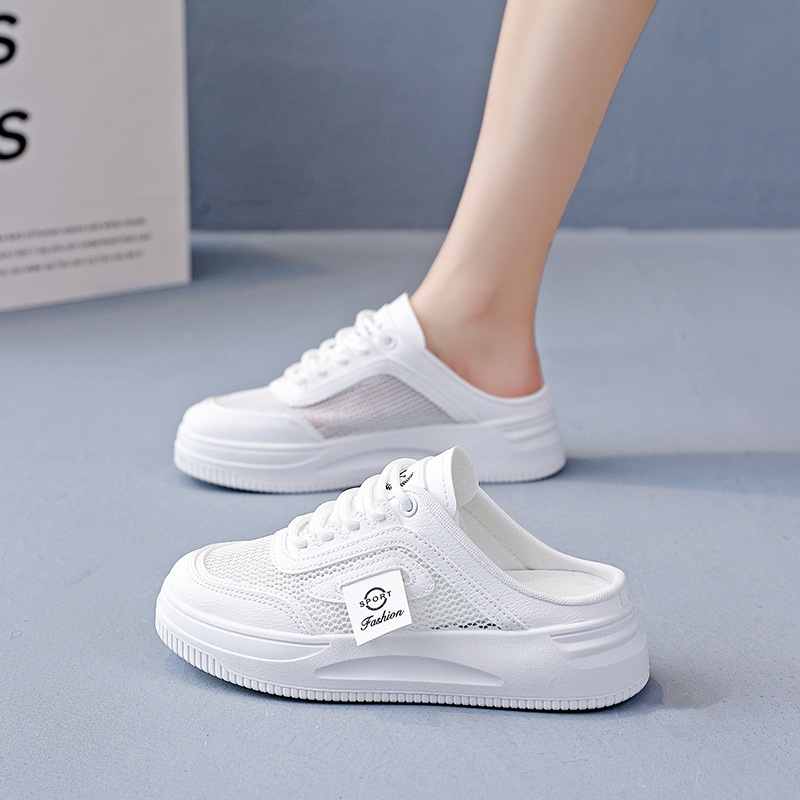 Pantofi sport pentru femei, cu platformă Half-Tow, albi, de vară, respirabili, din plasă, casual, all-match, fără slip-on, leneși, pantofi pentru femei 603