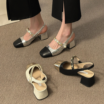 Sandale Chanel Style Colorblock pentru femei, vara 2023, stil nou de zână, Baotou, pantofi cu toc gros gol și pantofi Mary Jane