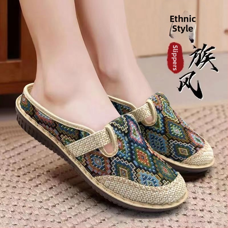 Užsienio prekyba, nauji vasaros etninio stiliaus seni Pekino medžiaginiai batai, kvėpuojantys, moteriški lininiai, nacionalinio stiliaus, pusiau vilkimo, hanfu batai.