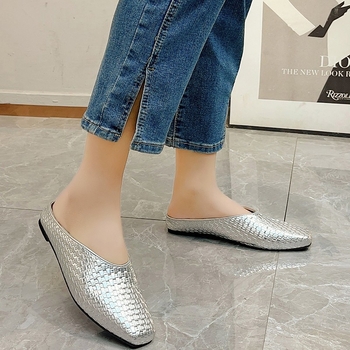 Sandale și papuci pentru femei, mărimi mari, țesute Muller, pantofi 2025, primăvara și vara, model nou de piatră, culoare solidă, papuci plati cu vârf ascuțit pentru femei