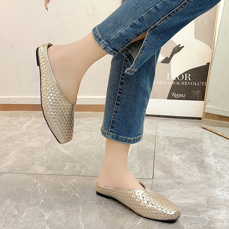 Sandale și papuci pentru femei, mărimi mari, țesute Muller, pantofi 2025, primăvara și vara, model nou de piatră, culoare solidă, papuci plati cu vârf ascuțit pentru femei