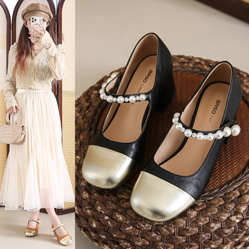 Παπούτσια Mary Jane σε στυλ Xiaoxiang, γυναικεία ρηχά παπούτσια με χοντρό τακούνι 2025, νέα γαλλικά παπούτσια μπαλέτου που ταιριάζουν με το χρώμα, μονόστρωτα παπούτσια ιδιοσυγκρασίας