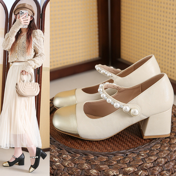 Παπούτσια Mary Jane σε στυλ Xiaoxiang, γυναικεία ρηχά παπούτσια με χοντρό τακούνι 2025, νέα γαλλικά παπούτσια μπαλέτου που ταιριάζουν με το χρώμα, μονόστρωτα παπούτσια ιδιοσυγκρασίας