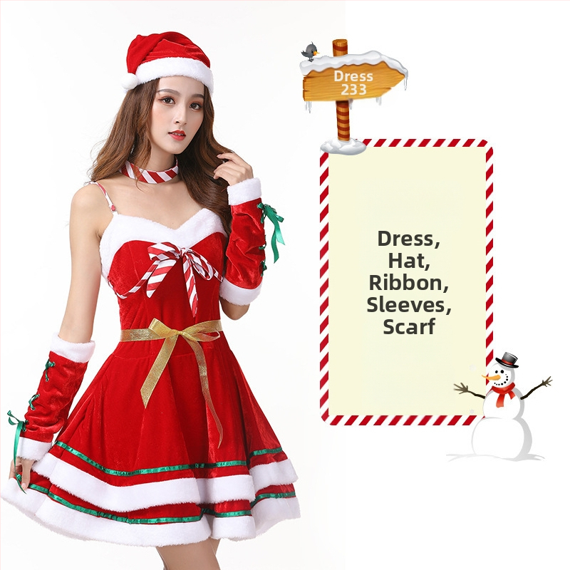 Seksikad valged kohevad jõuluriided laos Jõulukostüüm Kuldse sametkangast jänkutüdruku kostüüm Lavaesinemine