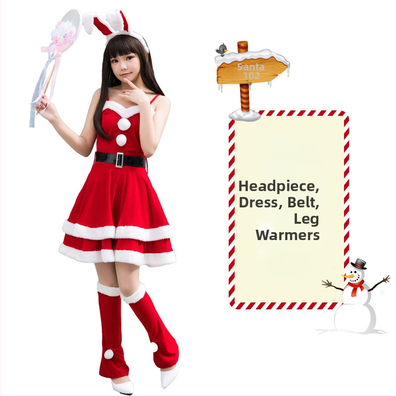 Seksikad valged kohevad jõuluriided laos Jõulukostüüm Kuldse sametkangast jänkutüdruku kostüüm Lavaesinemine