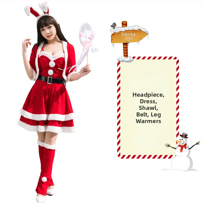 Seksikad valged kohevad jõuluriided laos Jõulukostüüm Kuldse sametkangast jänkutüdruku kostüüm Lavaesinemine