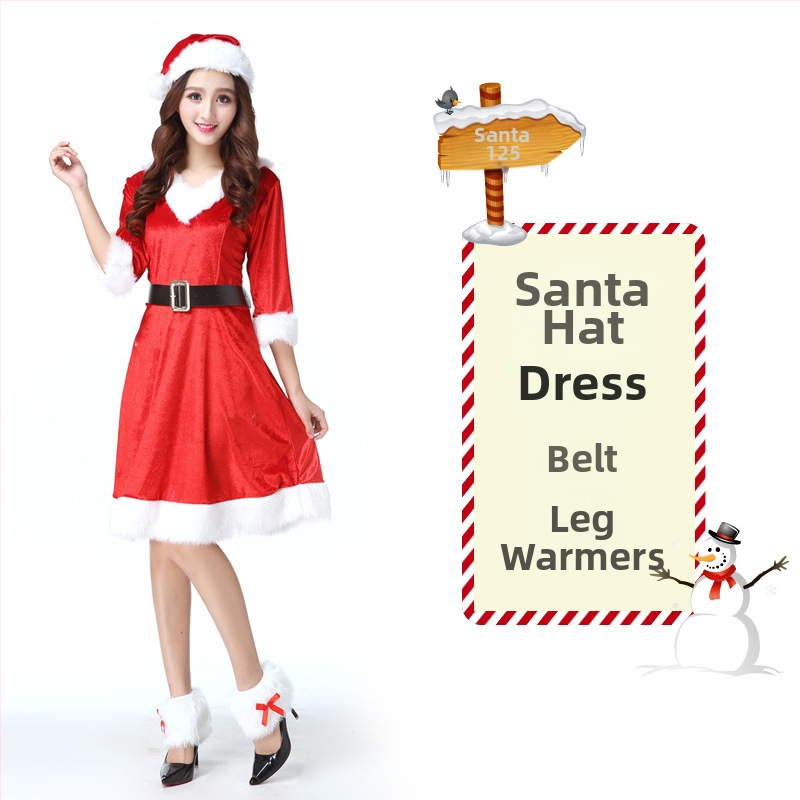 Seksikad valged kohevad jõuluriided laos Jõulukostüüm Kuldse sametkangast jänkutüdruku kostüüm Lavaesinemine