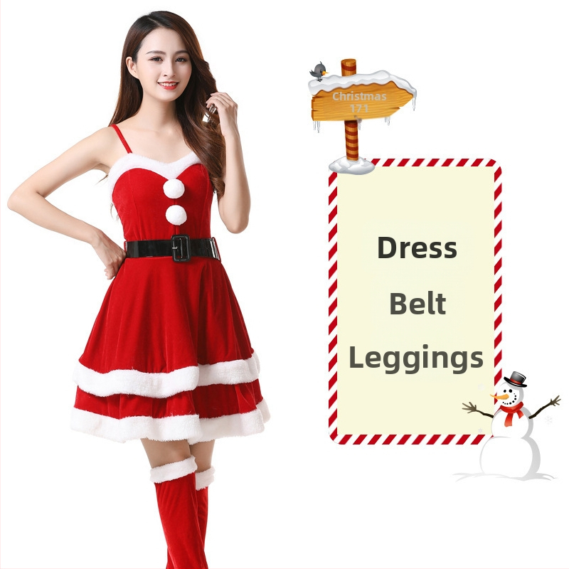 Seksikad valged kohevad jõuluriided laos Jõulukostüüm Kuldse sametkangast jänkutüdruku kostüüm Lavaesinemine