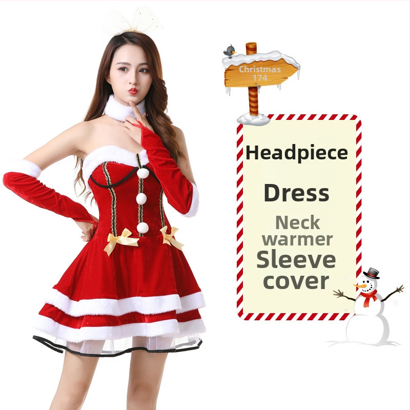 Seksikad valged kohevad jõuluriided laos Jõulukostüüm Kuldse sametkangast jänkutüdruku kostüüm Lavaesinemine