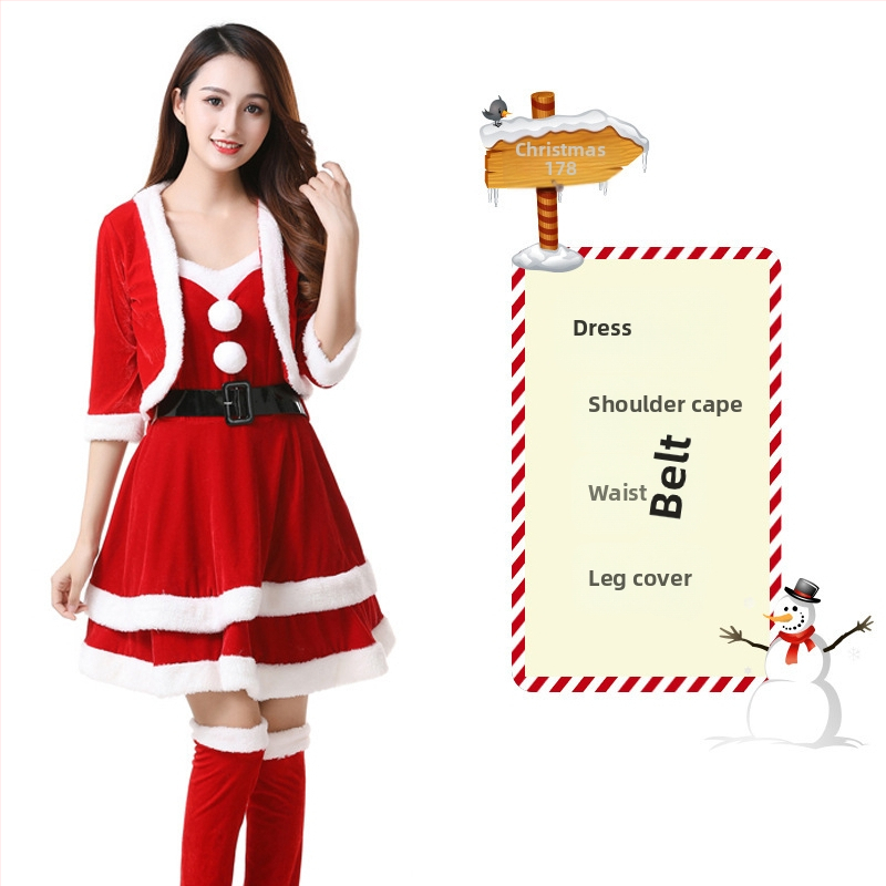 Seksikad valged kohevad jõuluriided laos Jõulukostüüm Kuldse sametkangast jänkutüdruku kostüüm Lavaesinemine