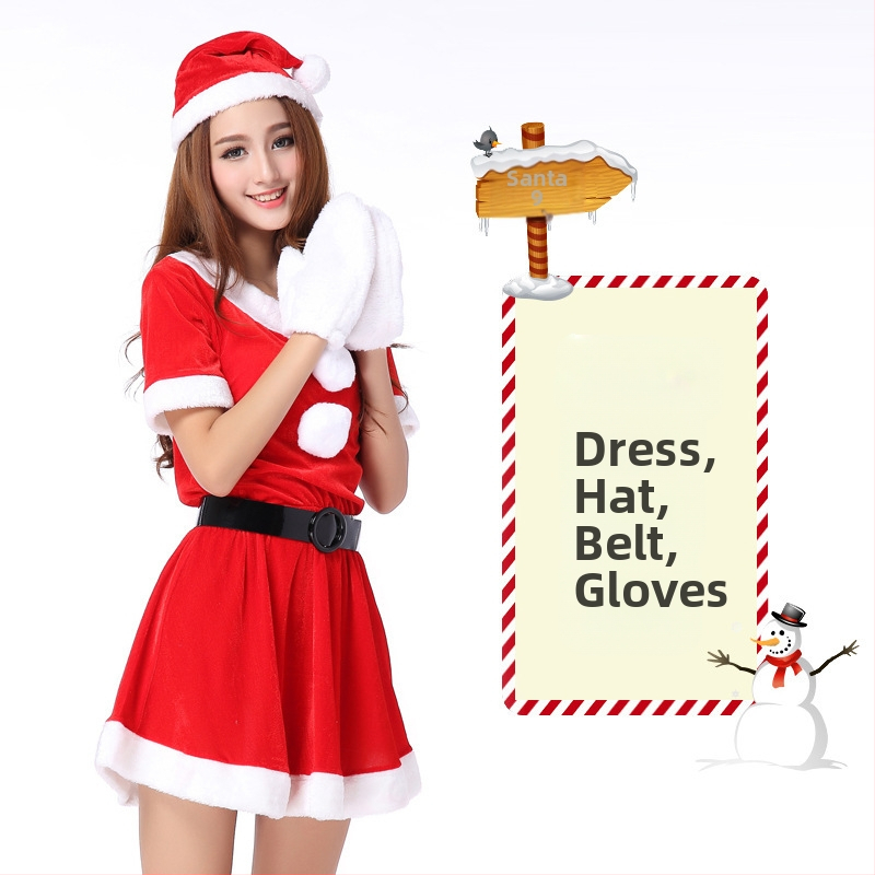 Seksikad valged kohevad jõuluriided laos Jõulukostüüm Kuldse sametkangast jänkutüdruku kostüüm Lavaesinemine