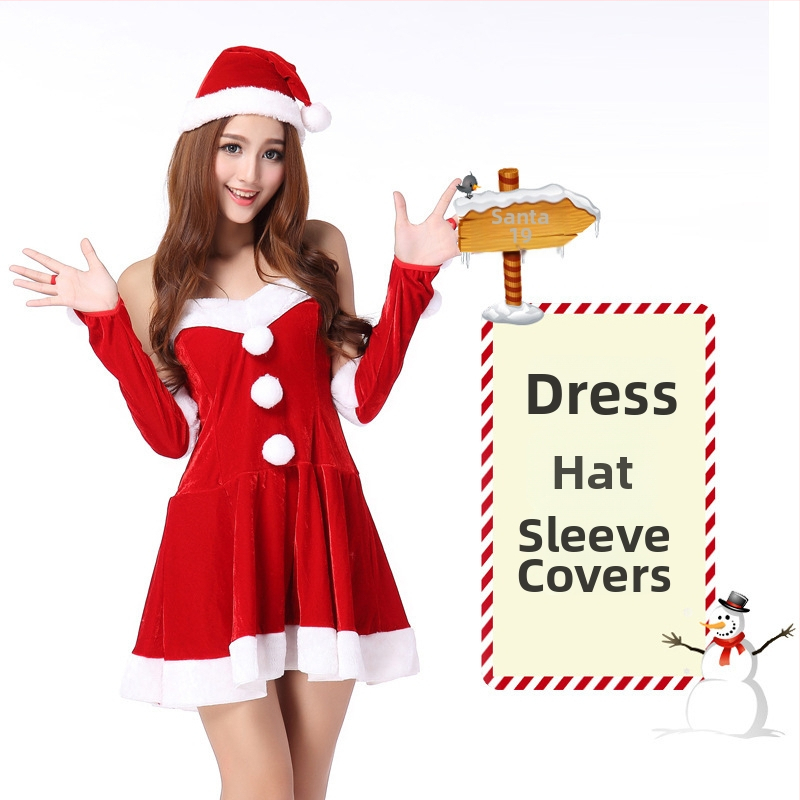 Seksikad valged kohevad jõuluriided laos Jõulukostüüm Kuldse sametkangast jänkutüdruku kostüüm Lavaesinemine