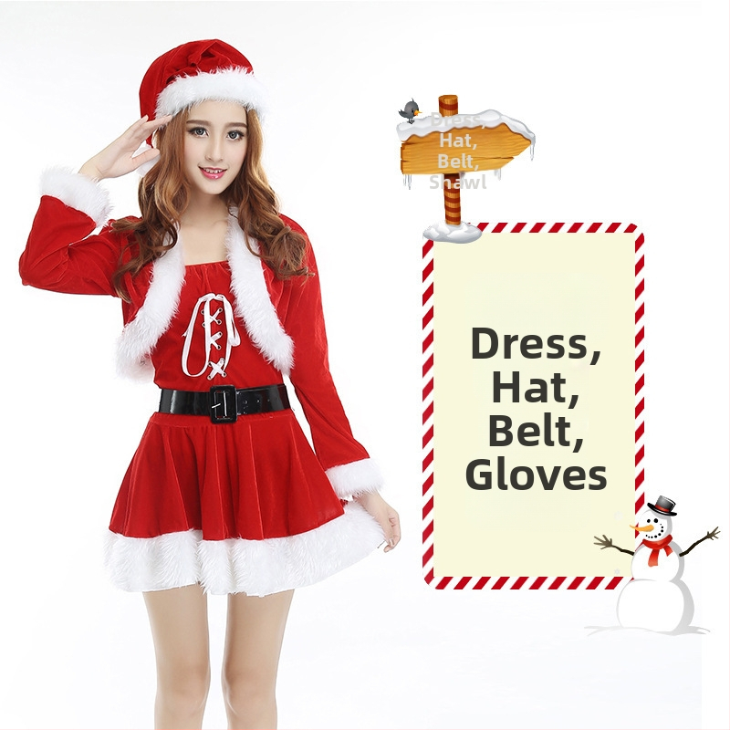 Seksikad valged kohevad jõuluriided laos Jõulukostüüm Kuldse sametkangast jänkutüdruku kostüüm Lavaesinemine