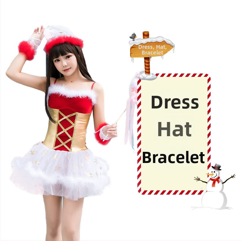 Seksikad valged kohevad jõuluriided laos Jõulukostüüm Kuldse sametkangast jänkutüdruku kostüüm Lavaesinemine