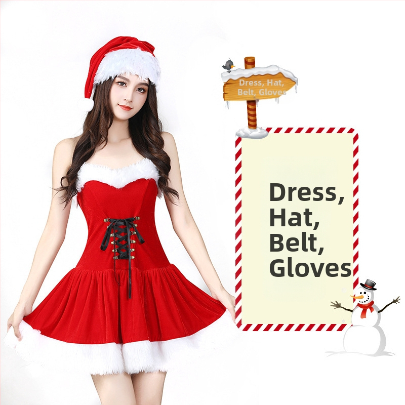 Seksikad valged kohevad jõuluriided laos Jõulukostüüm Kuldse sametkangast jänkutüdruku kostüüm Lavaesinemine