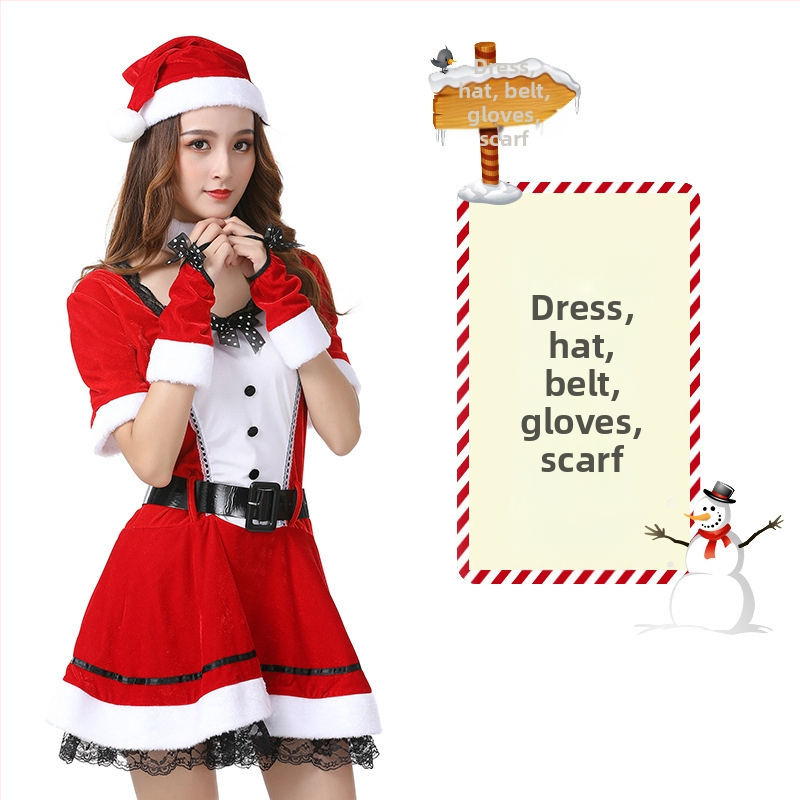 Seksikad valged kohevad jõuluriided laos Jõulukostüüm Kuldse sametkangast jänkutüdruku kostüüm Lavaesinemine