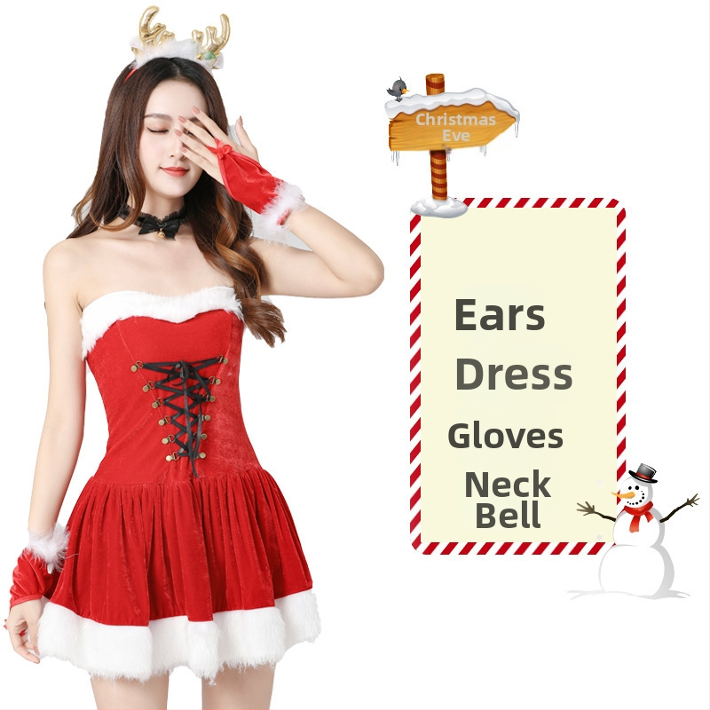 Seksikad valged kohevad jõuluriided laos Jõulukostüüm Kuldse sametkangast jänkutüdruku kostüüm Lavaesinemine