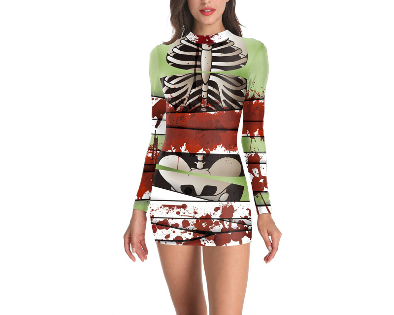 Halloweenske večerné šaty na predstavenie, párty šaty s potlačou telového tkaniva, spojené šaty s lebkou, úzke šaty