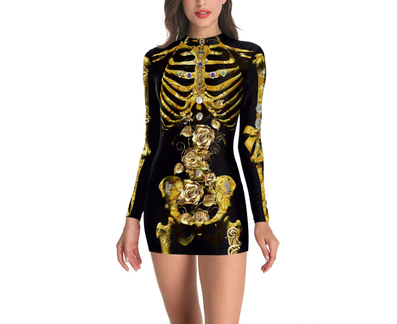 Halloweenske večerné šaty na predstavenie, párty šaty s potlačou telového tkaniva, spojené šaty s lebkou, úzke šaty